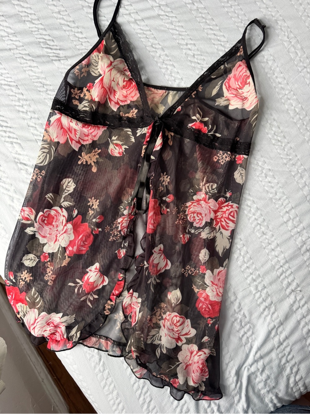 Sheer Black Floral Lace-Trim Chemise - Pink Rose Print